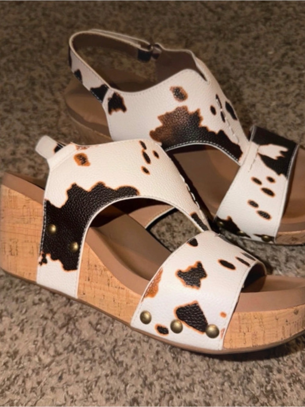 Corkys White Cow-Print Wedge Sandals with Brown and Black Spots